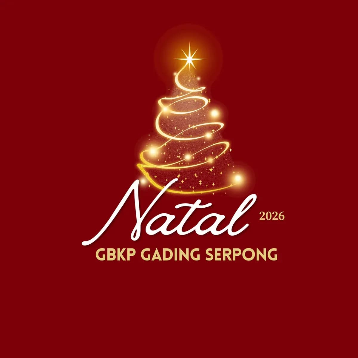 Logo Natal 2026 GBKP Gading Serpong: pohon Natal emas bercahaya dengan bintang di puncaknya, di atas latar merah marun.